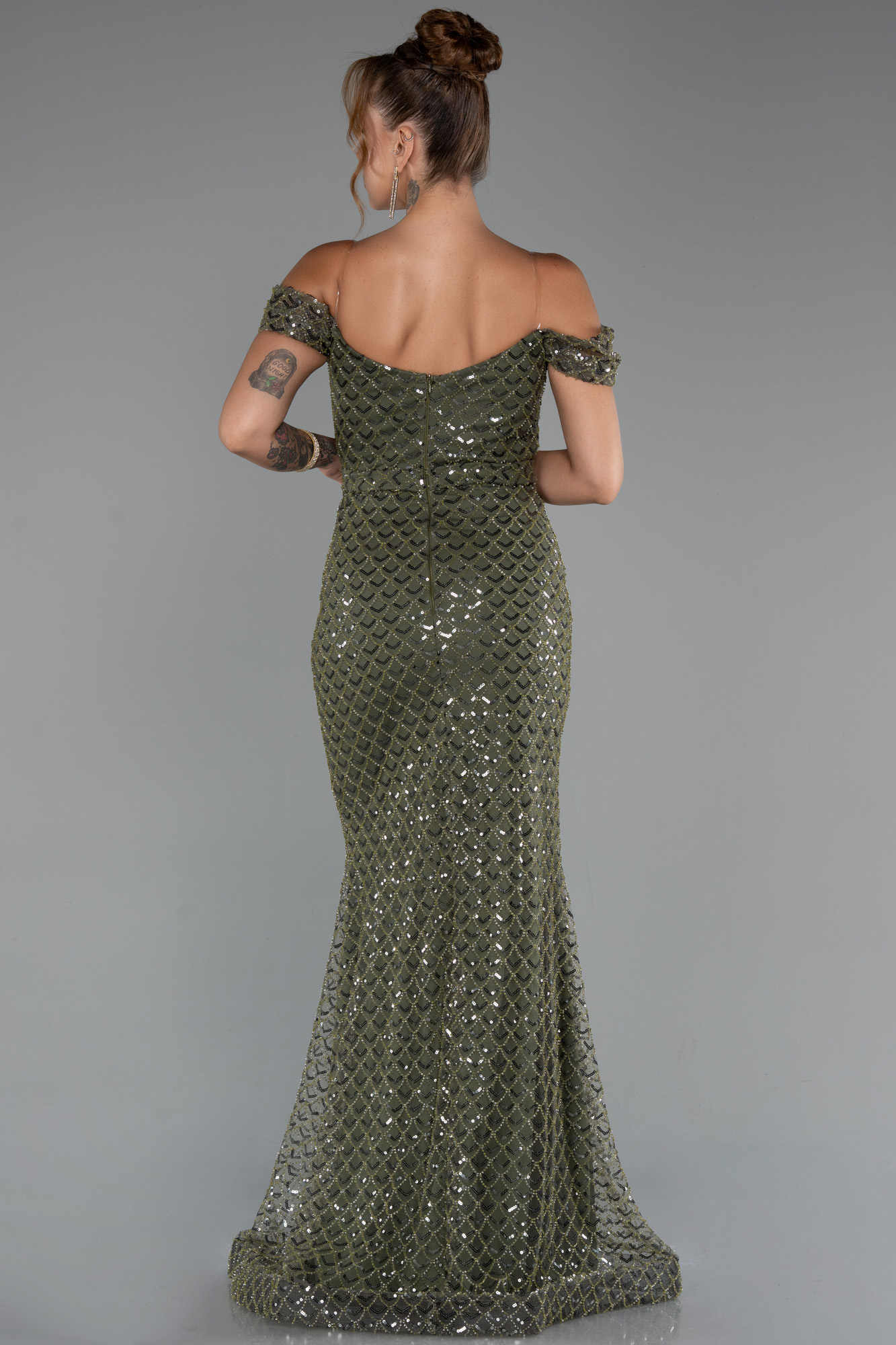 Haki Kayık Yaka Boncuklu Uzun Abiye Elbise ABU5286 - Görsel 2