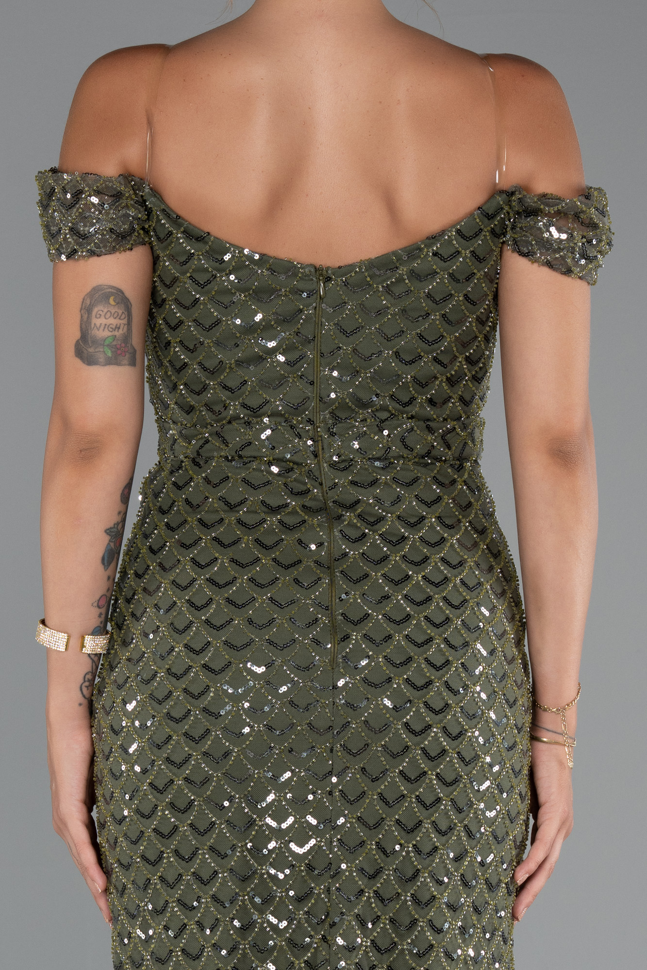 Haki Kayık Yaka Boncuklu Uzun Abiye Elbise ABU5286 - Görsel 4