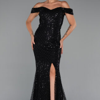 Siyah Kayık Yaka Boncuklu Uzun Abiye Elbise ABU5286