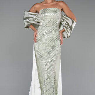 Mint Straplez Kuyruklu Uzun Boncuklu Abiye ABU5169