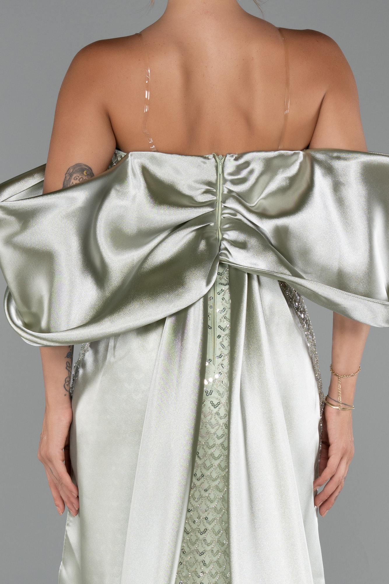 Mint Straplez Kuyruklu Uzun Boncuklu Abiye ABU5169 - Görsel 4