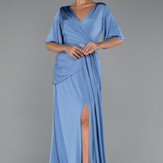 İndigo Kısa Kol Yırtmaçlı Uzun Büyük Beden Abiye ABU5287