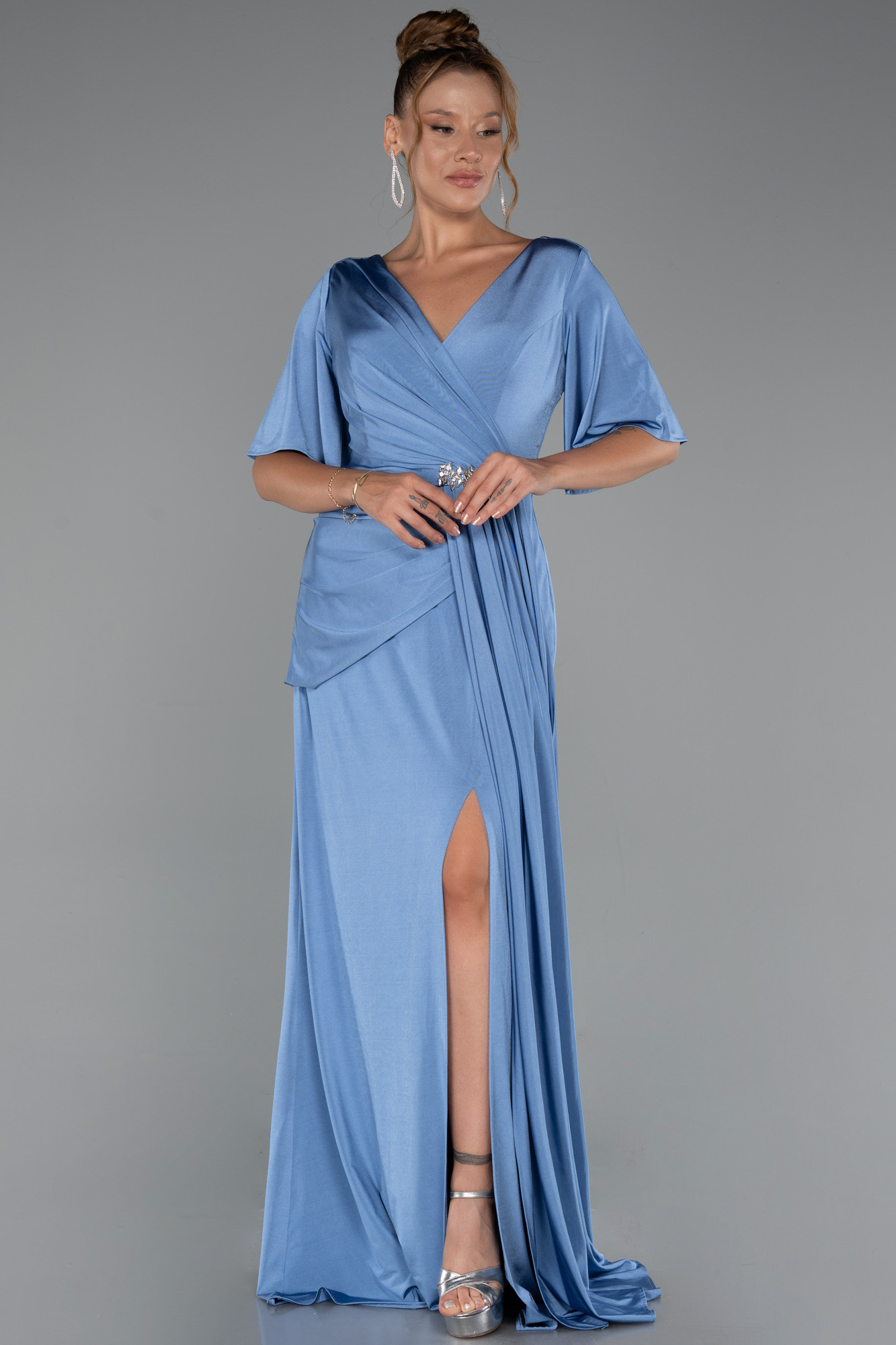 İndigo Kısa Kol Yırtmaçlı Uzun Büyük Beden Abiye ABU5287