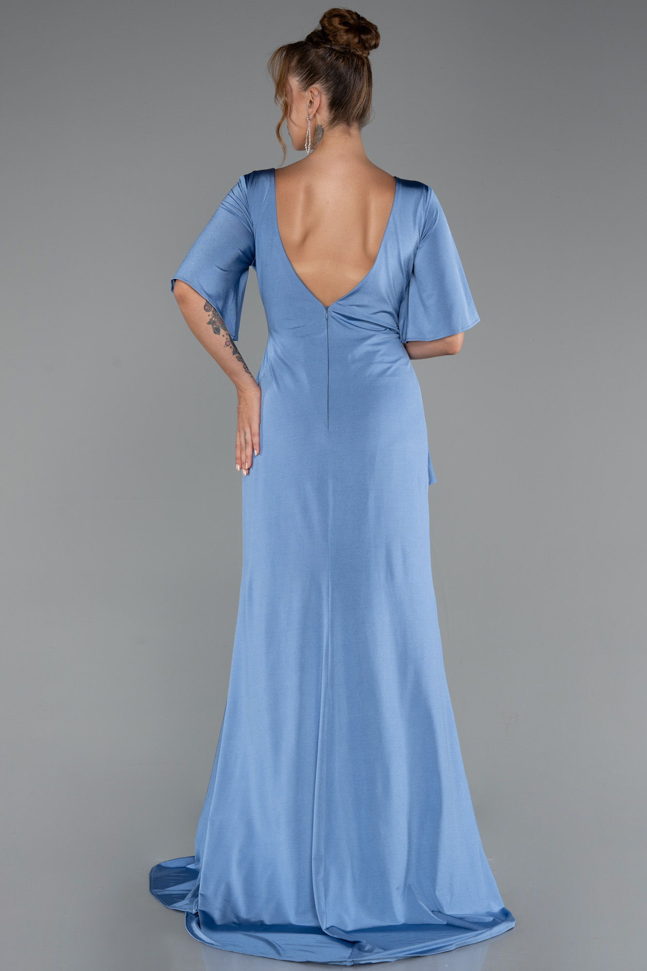 İndigo Kısa Kol Yırtmaçlı Uzun Büyük Beden Abiye ABU5287 - Görsel 2