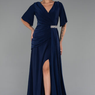 Lacivert Kısa Kol Yırtmaçlı Uzun Büyük Beden Abiye ABU5287