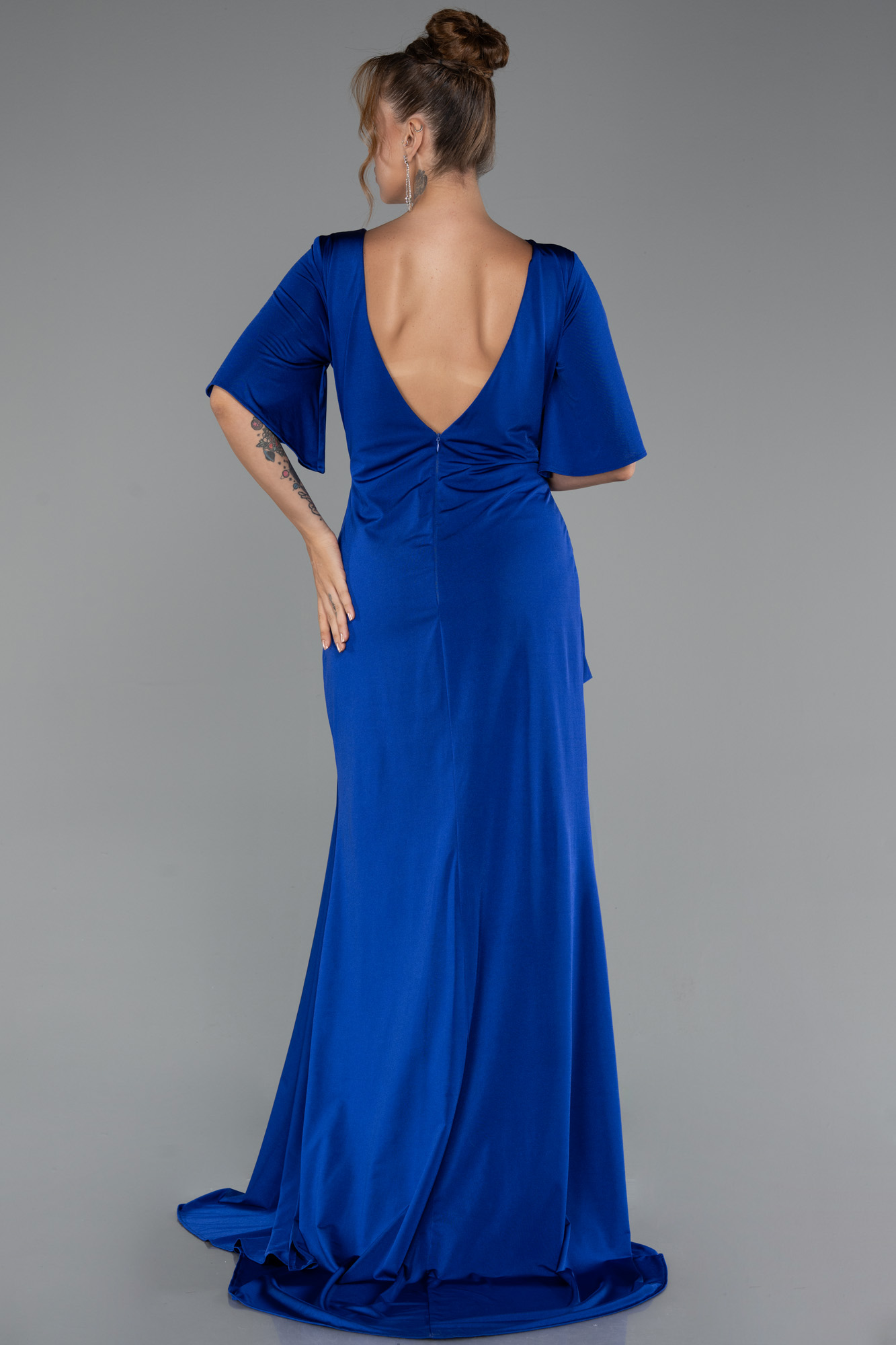 Saks Mavi Kısa Kol Yırtmaçlı Uzun Büyük Beden Abiye ABU5287 - Görsel 2