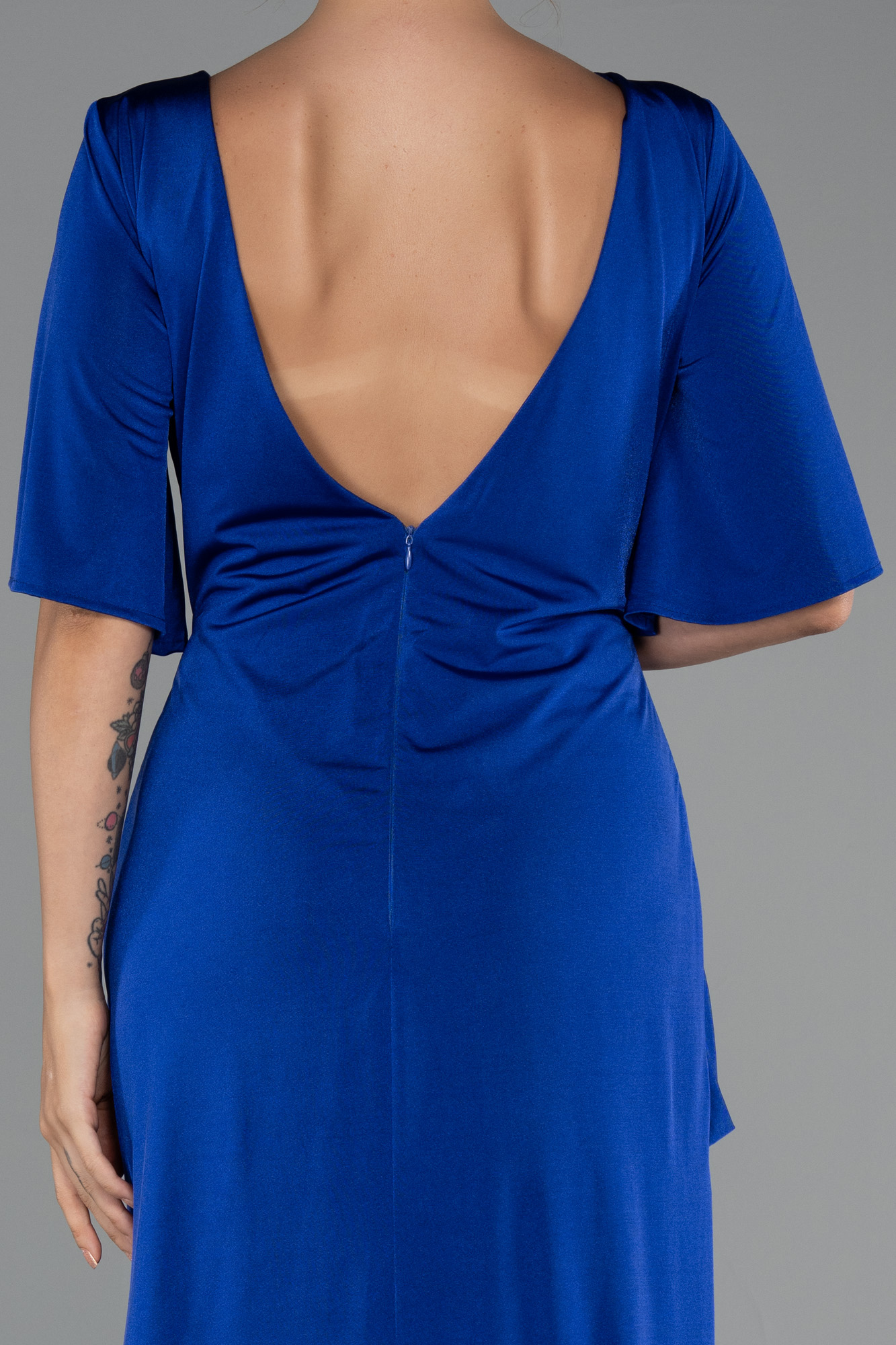 Saks Mavi Kısa Kol Yırtmaçlı Uzun Büyük Beden Abiye ABU5287 - Görsel 4