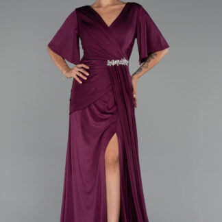 Vişne Kısa Kol Yırtmaçlı Uzun Büyük Beden Abiye ABU5287