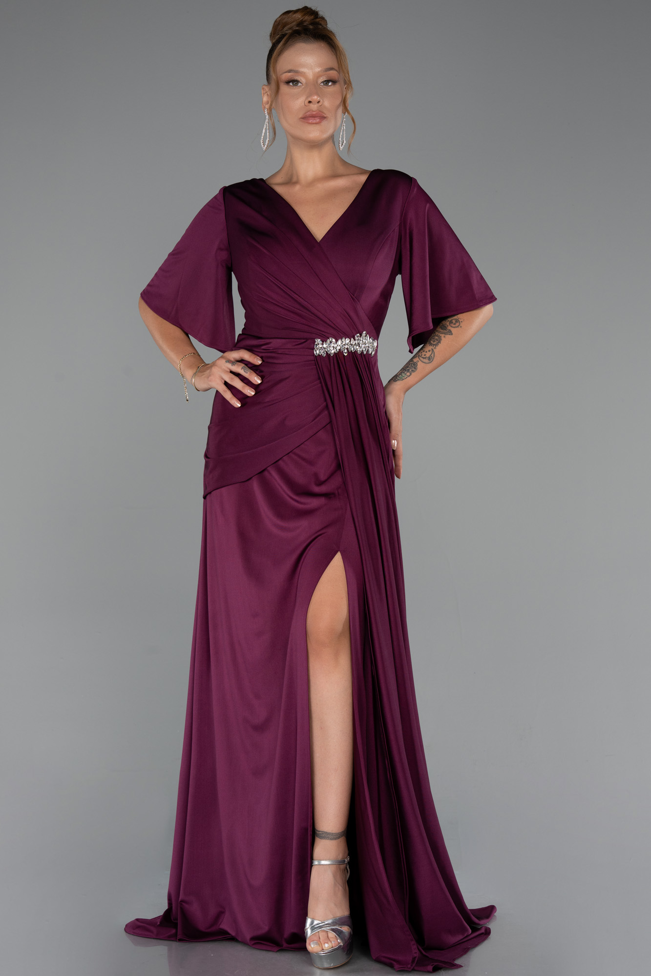 Vişne Kısa Kol Yırtmaçlı Uzun Büyük Beden Abiye ABU5287