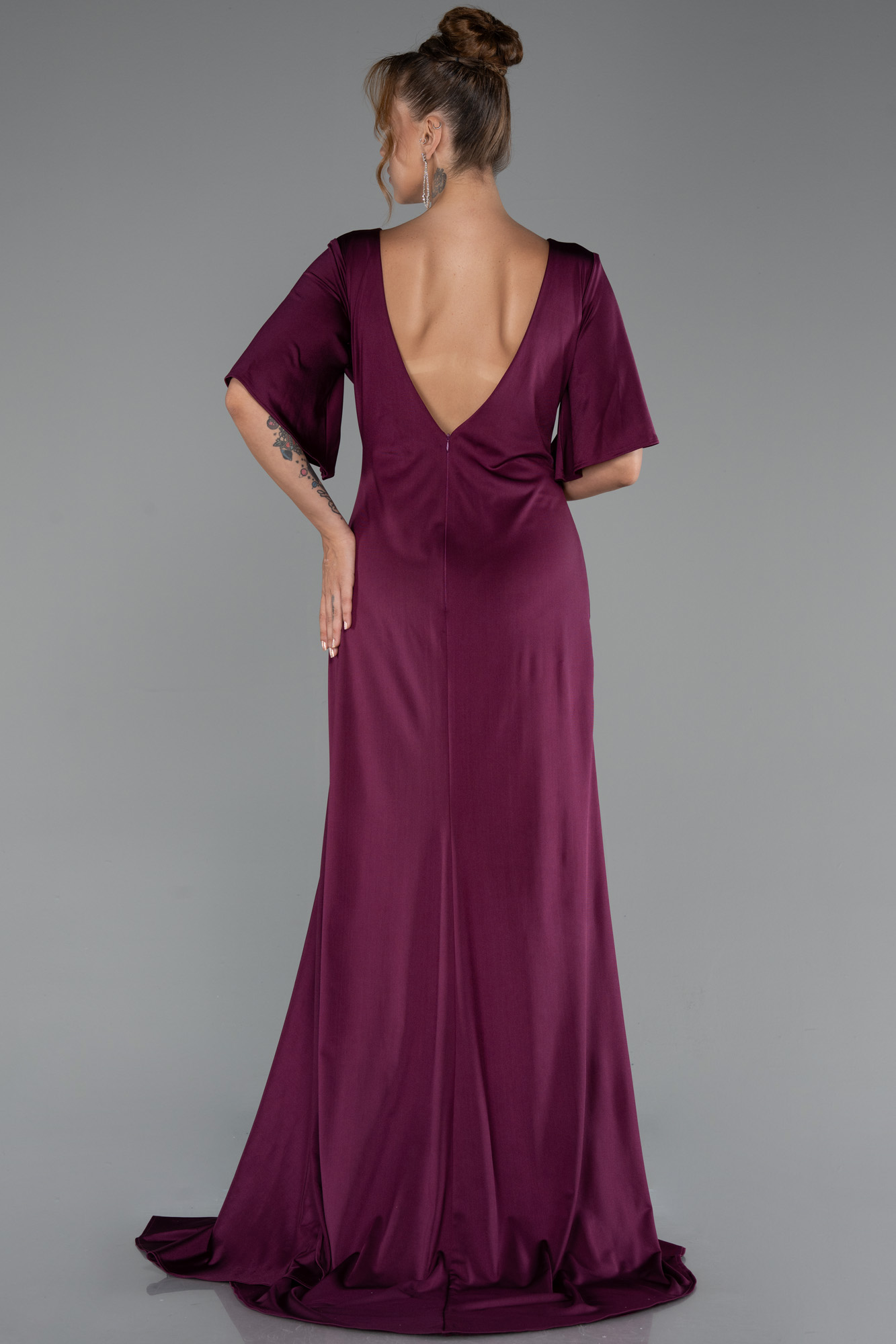 Vişne Kısa Kol Yırtmaçlı Uzun Büyük Beden Abiye ABU5287 - Görsel 2