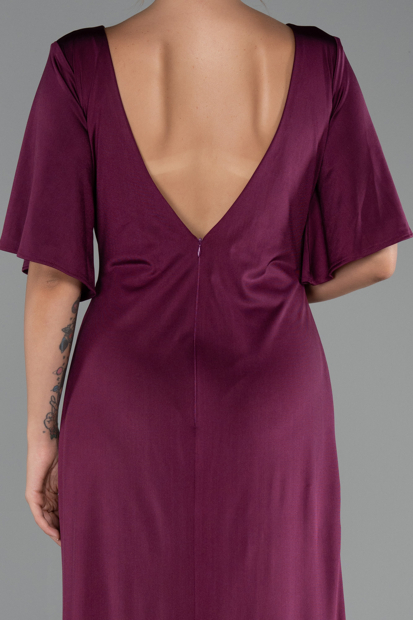 Vişne Kısa Kol Yırtmaçlı Uzun Büyük Beden Abiye ABU5287 - Görsel 4