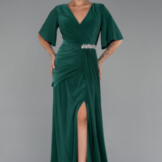 Zümrüt Yeşili Kısa Kol Yırtmaçlı Uzun Büyük Beden Abiye ABU5287