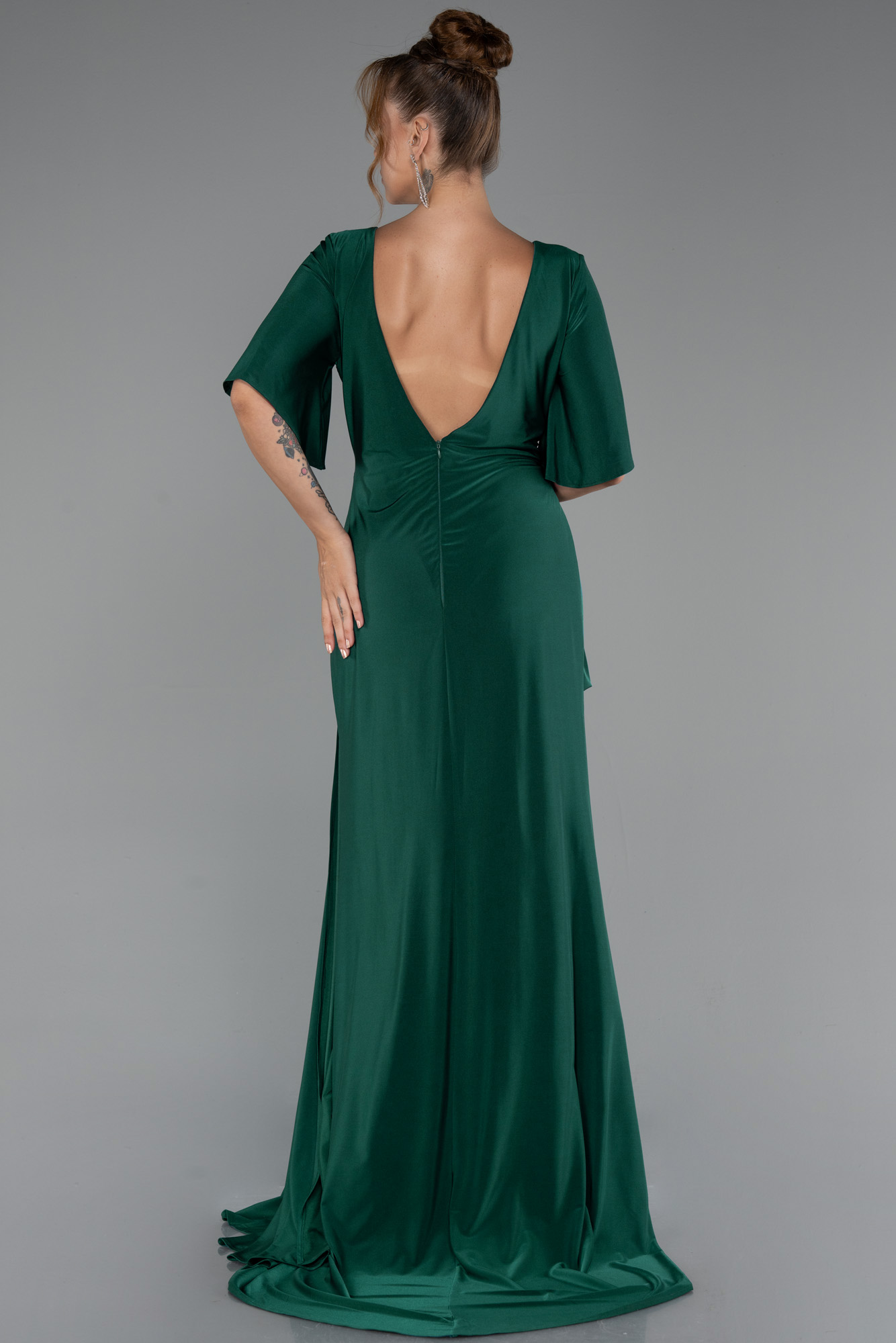 Zümrüt Yeşili Kısa Kol Yırtmaçlı Uzun Büyük Beden Abiye ABU5287 - Görsel 2