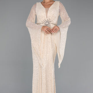 Gold Simli Uzun Kol Beli Taşlı Özel Tasarım Abiye ABU5289