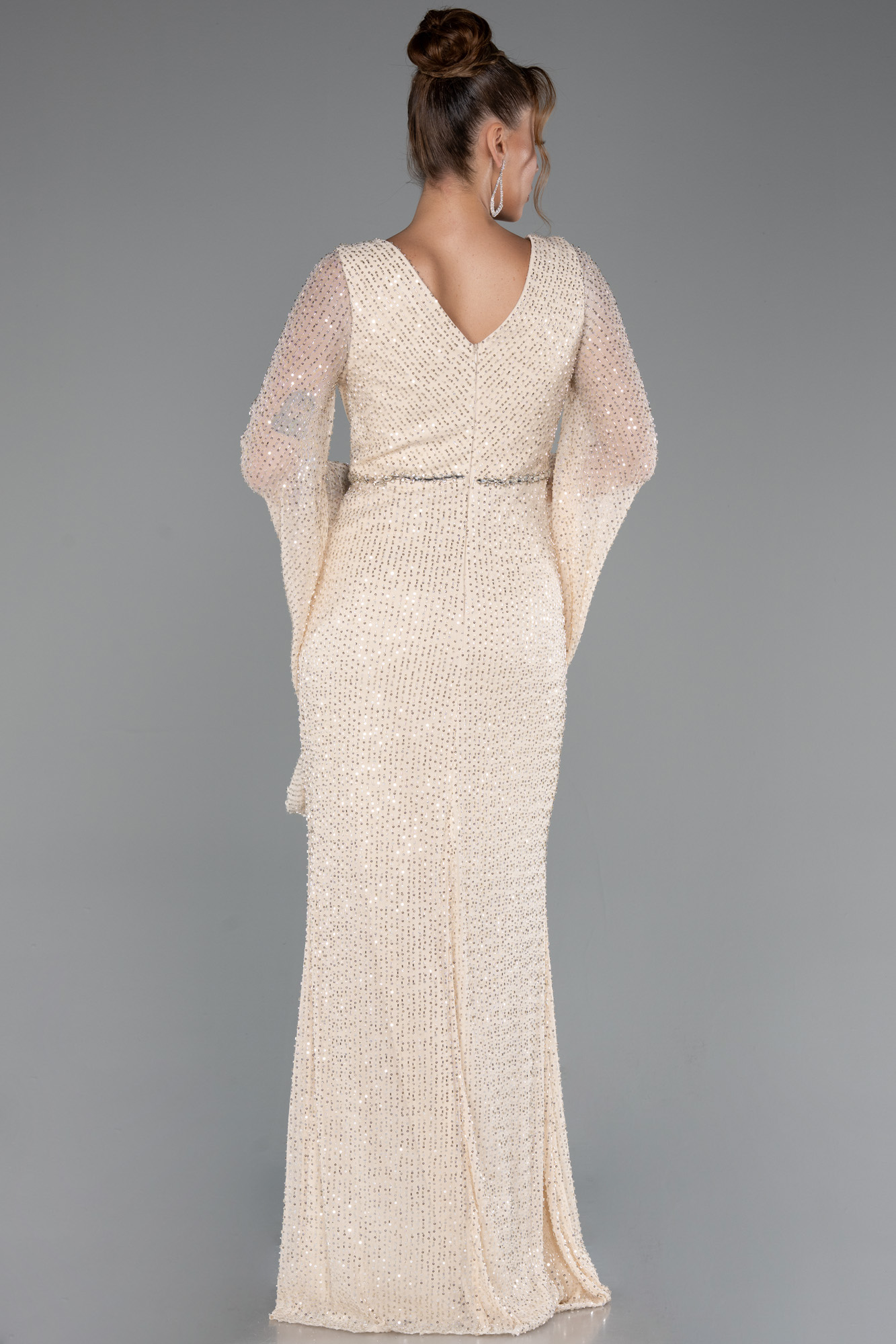 Gold Simli Uzun Kol Beli Taşlı Özel Tasarım Abiye ABU5289 - Görsel 2