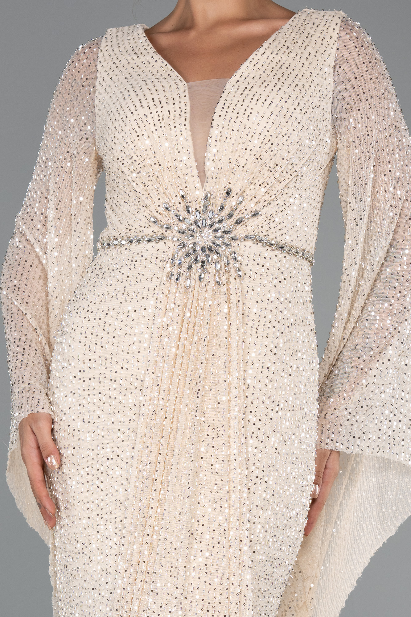 Gold Simli Uzun Kol Beli Taşlı Özel Tasarım Abiye ABU5289 - Görsel 3