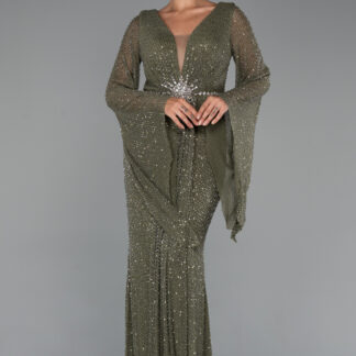 Haki Simli Uzun Kol Beli Taşlı Özel Tasarım Abiye ABU5289