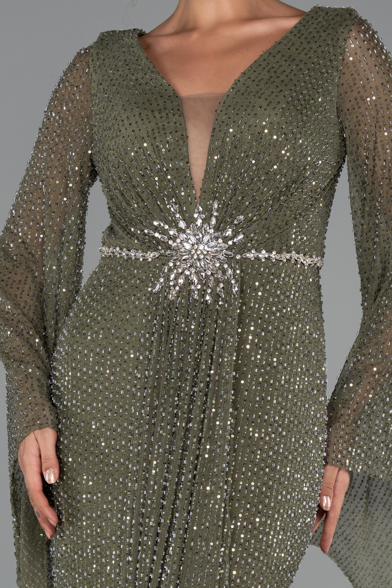 Haki Simli Uzun Kol Beli Taşlı Özel Tasarım Abiye ABU5289 - Görsel 3