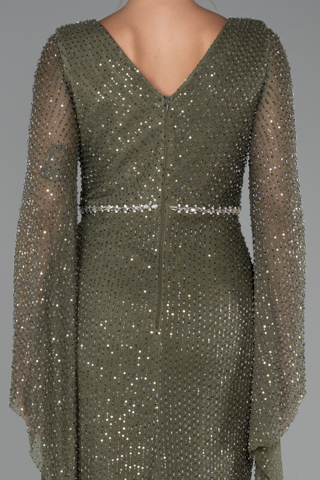 Haki Simli Uzun Kol Beli Taşlı Özel Tasarım Abiye ABU5289 - Görsel 4