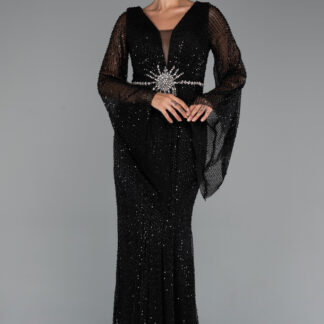 Siyah Simli Uzun Kol Beli Taşlı Özel Tasarım Abiye ABU5289