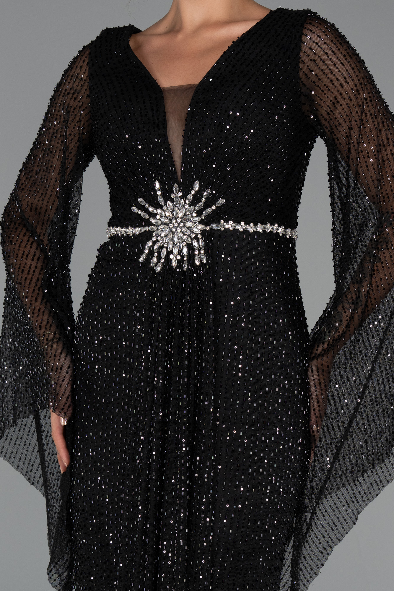 Siyah Simli Uzun Kol Beli Taşlı Özel Tasarım Abiye ABU5289 - Görsel 3