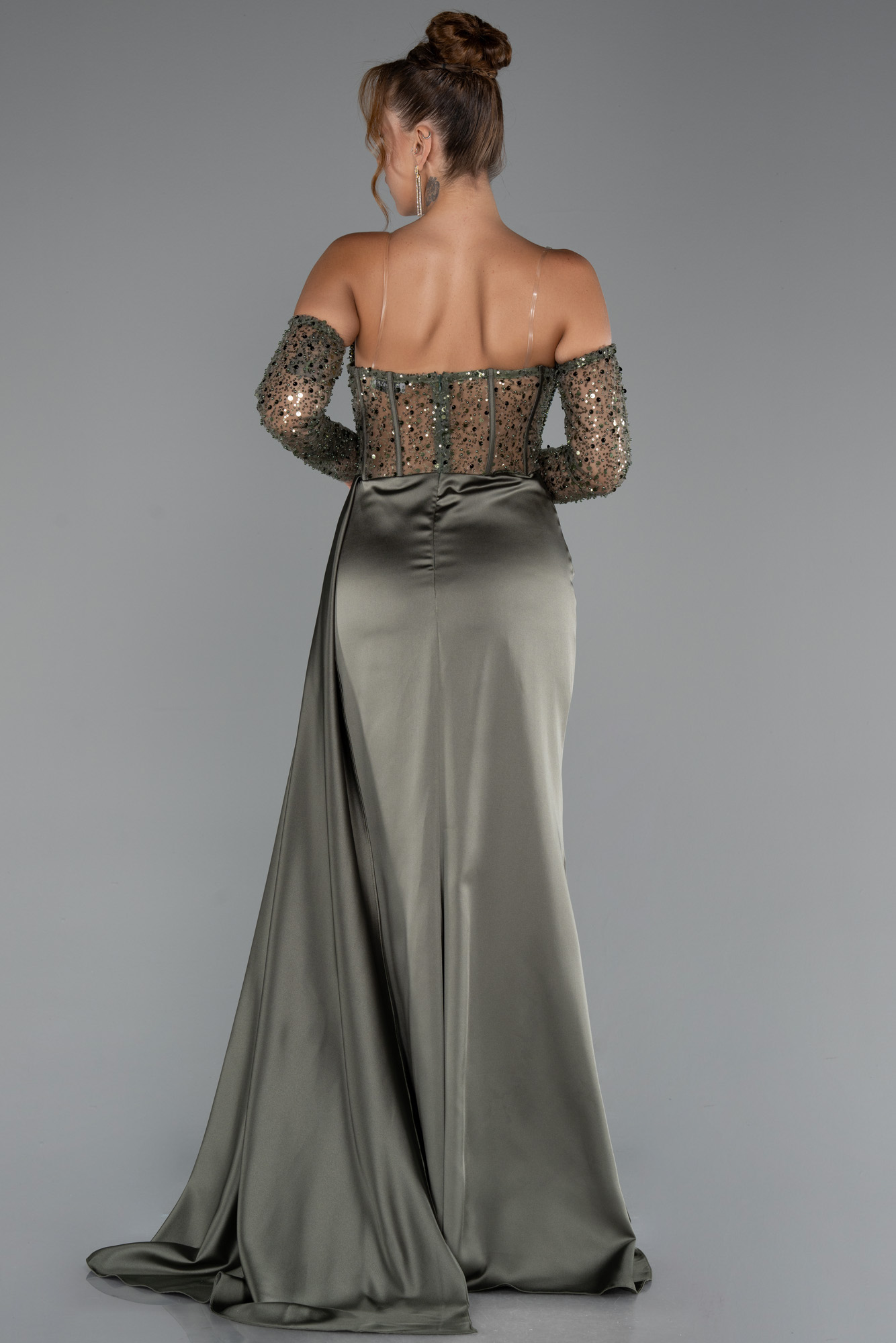 Haki Taşlı Straplez Yaka Yırtmaçlı Uzun Saten Abiye ABU5288 - Görsel 3