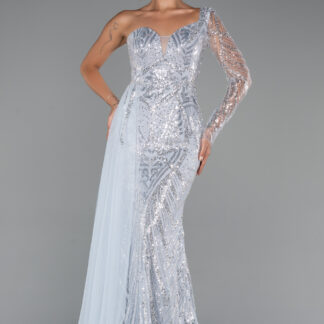 Buz Mavisi Tek Kol Taşlı Uzun Büyük Beden Özel Tasarım Abiye ABU5273