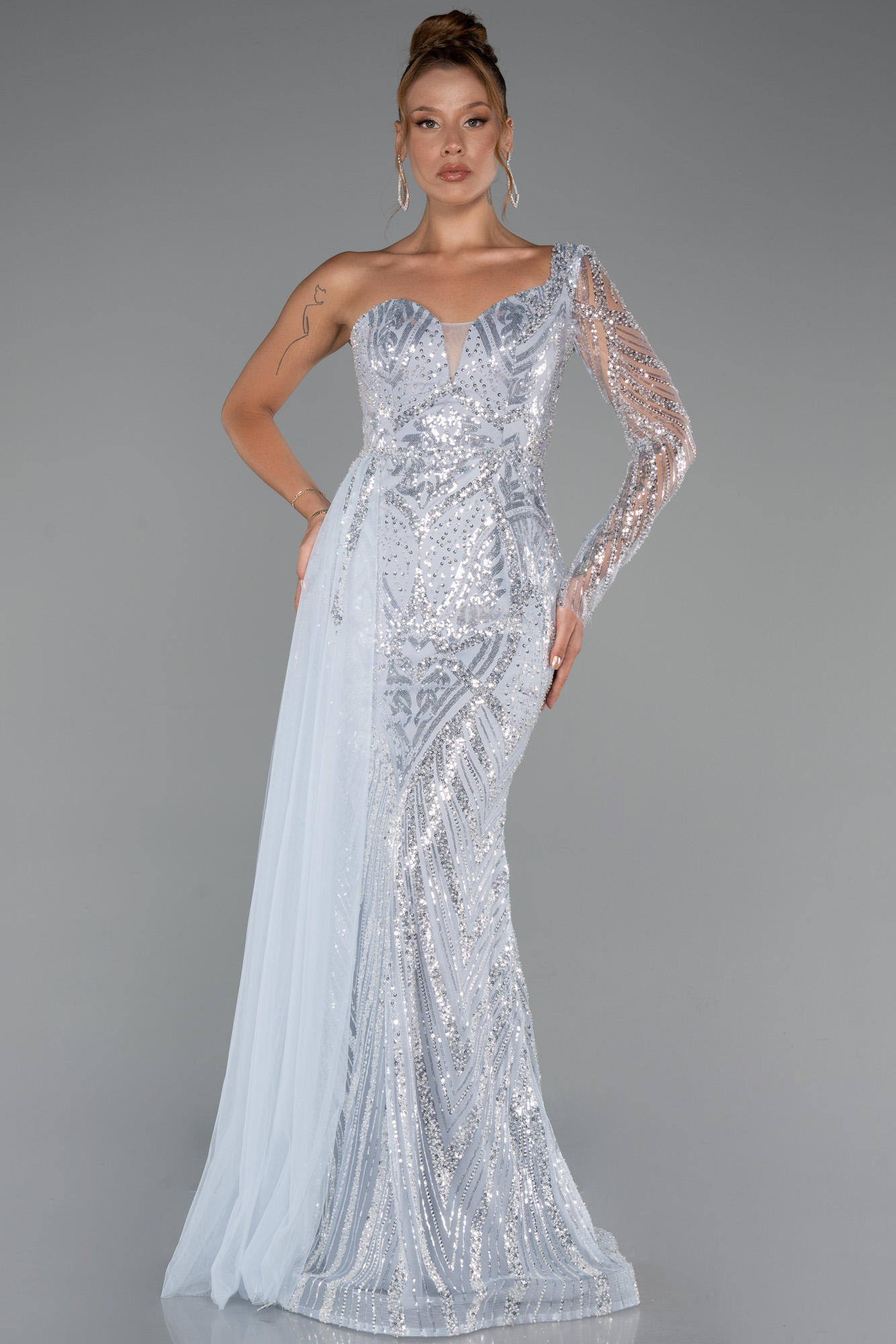 Buz Mavisi Tek Kol Taşlı Uzun Büyük Beden Özel Tasarım Abiye ABU5273