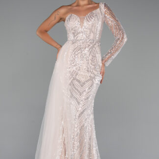 Pudra Tek Kol Taşlı Uzun Büyük Beden Özel Tasarım Abiye ABU5273