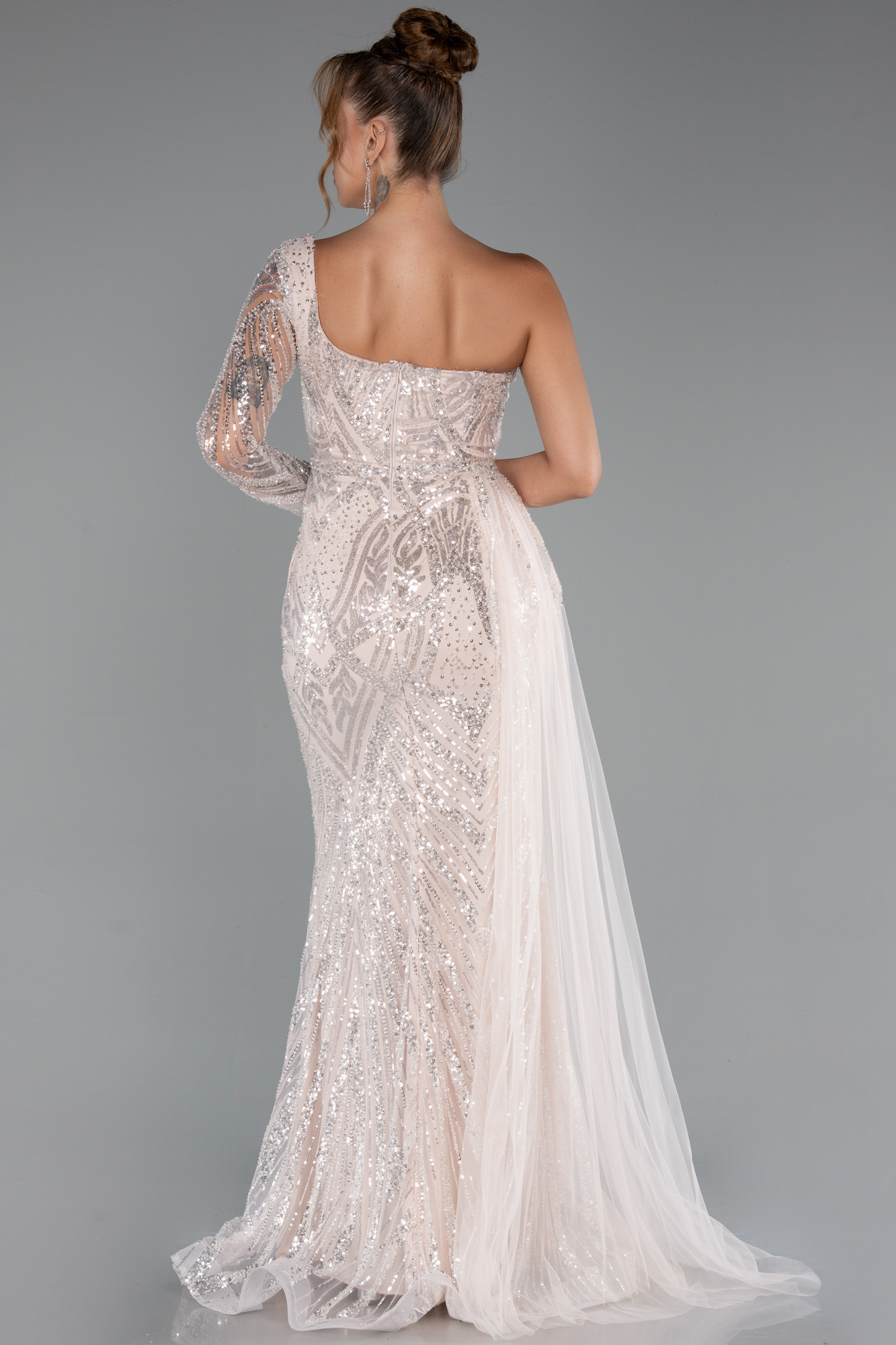 Pudra Tek Kol Taşlı Uzun Büyük Beden Özel Tasarım Abiye ABU5273 - Görsel 2