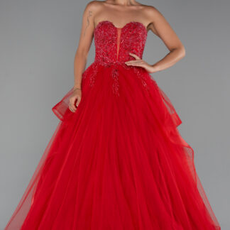 Kırmızı Taşlı Straplez Uzun Prenses Elbise ABU5290