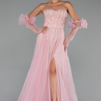 Pudra Taşlı Straplez Eldivenli Yırtmaçlı Uzun Abiye ABU5291