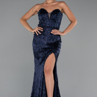 Lacivert Straplez Bacak Dekolteli Boncuklu Uzun Abiye ABU5292