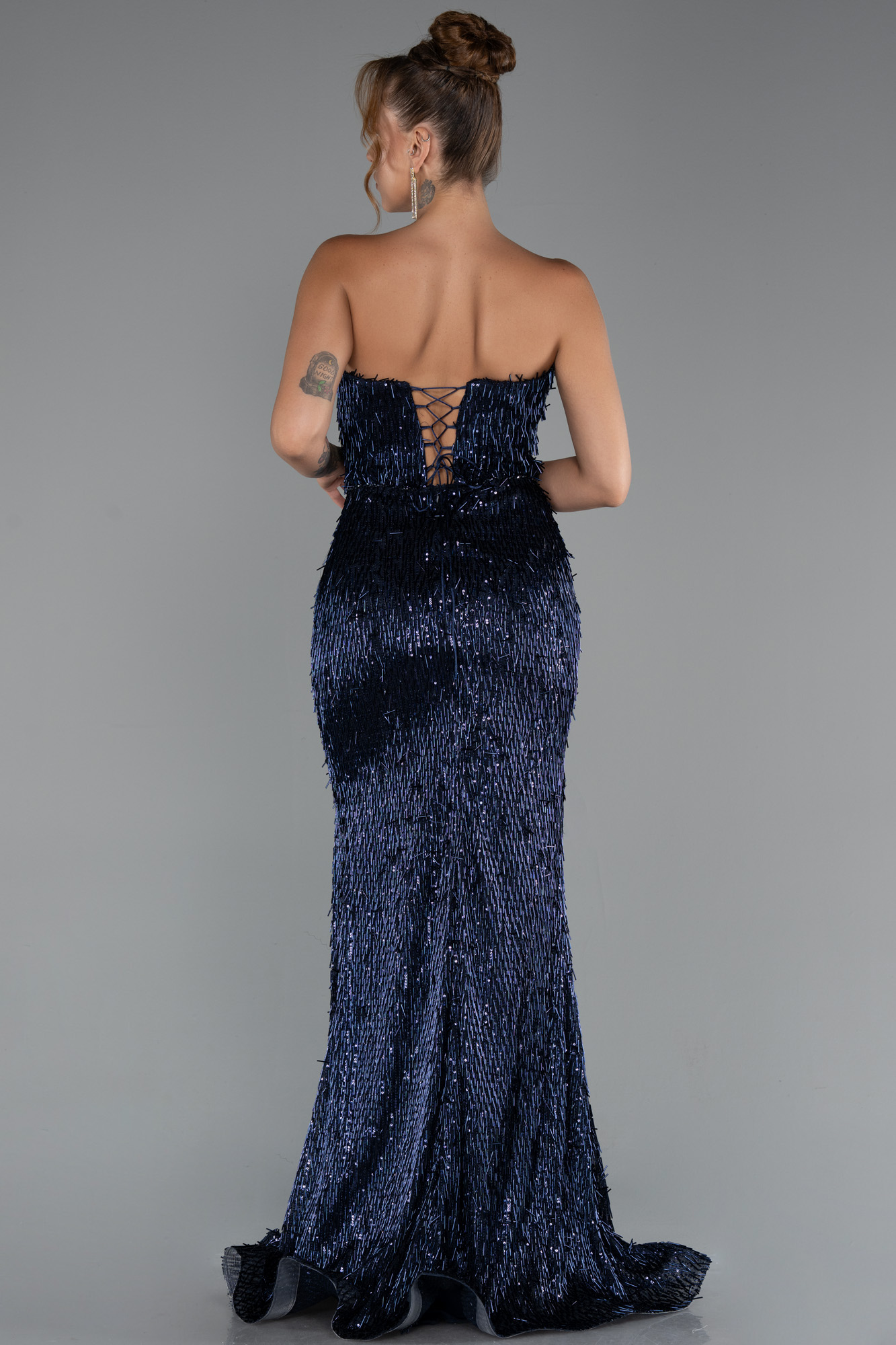 Lacivert Straplez Bacak Dekolteli Boncuklu Uzun Abiye ABU5292 - Görsel 2