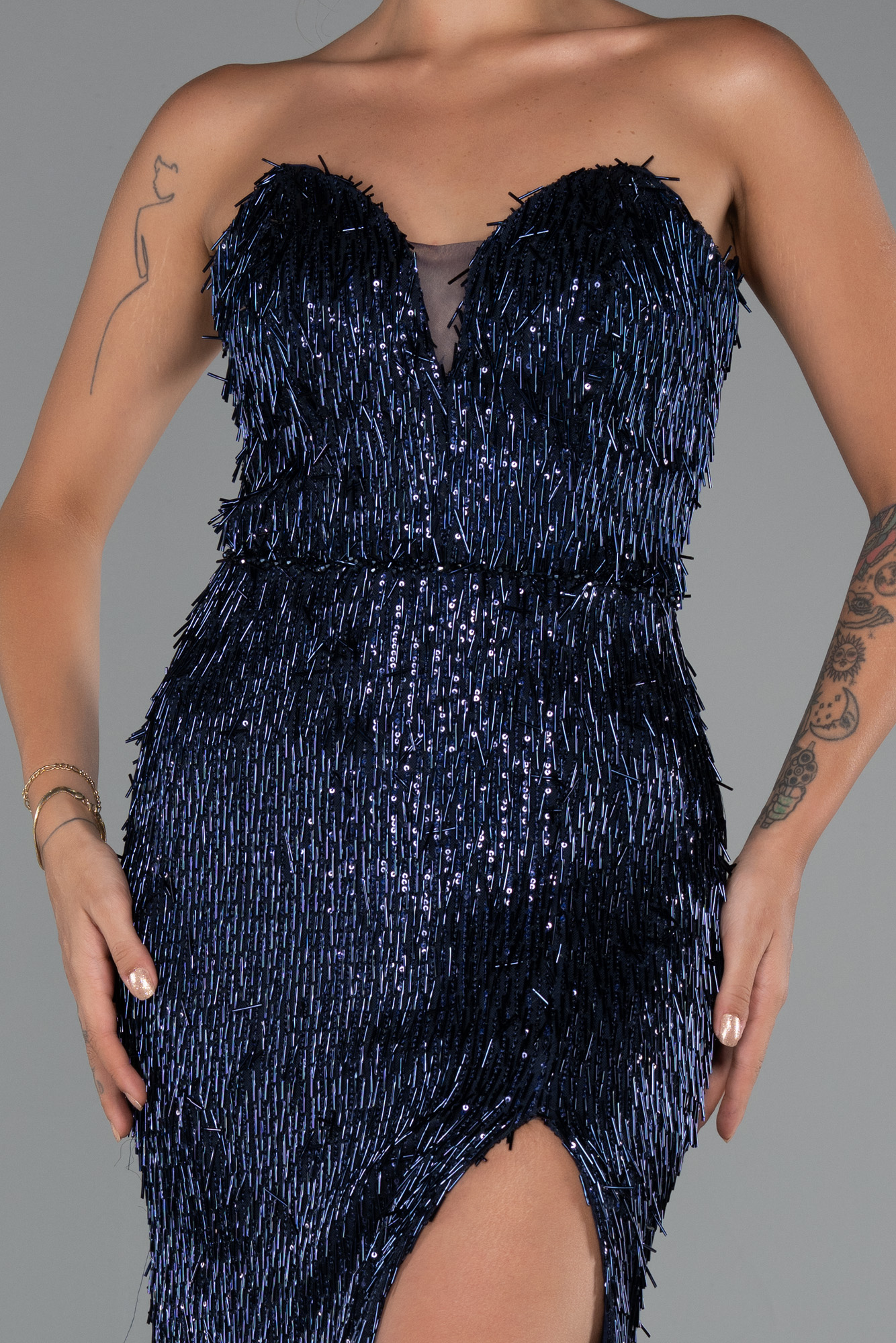 Lacivert Straplez Bacak Dekolteli Boncuklu Uzun Abiye ABU5292 - Görsel 3