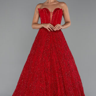 Kırmızı Straplez Balenli Uzun Simli Nişan Elbisesi ABU5271