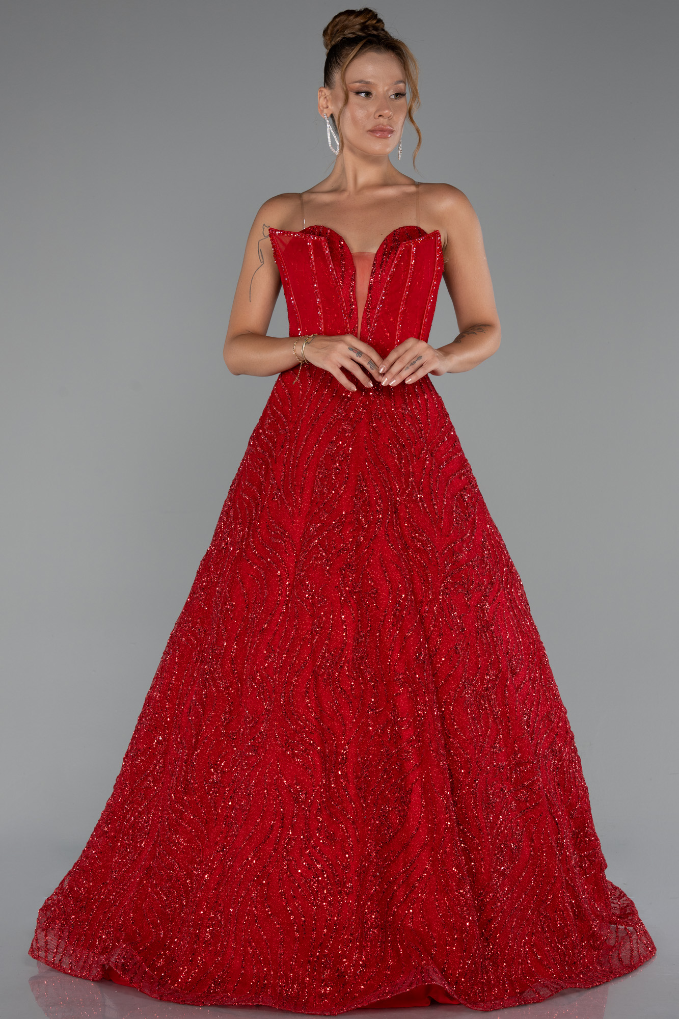 Kırmızı Straplez Balenli Uzun Simli Nişan Elbisesi ABU5271