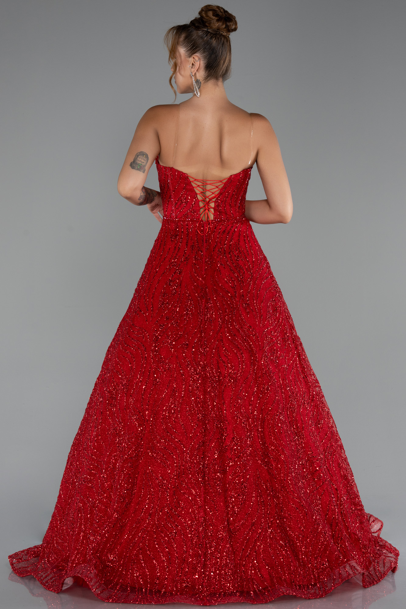 Kırmızı Straplez Balenli Uzun Simli Nişan Elbisesi ABU5271 - Görsel 2