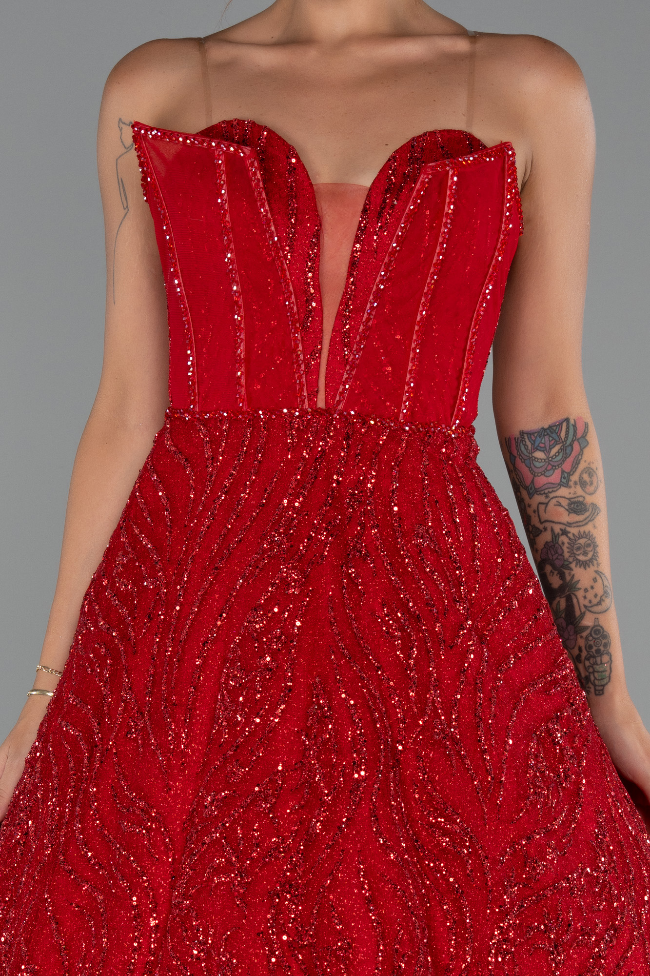 Kırmızı Straplez Balenli Uzun Simli Nişan Elbisesi ABU5271 - Görsel 3