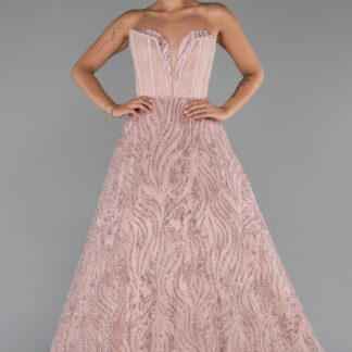 Pudra Straplez Balenli Uzun Simli Nişan Elbisesi ABU5271