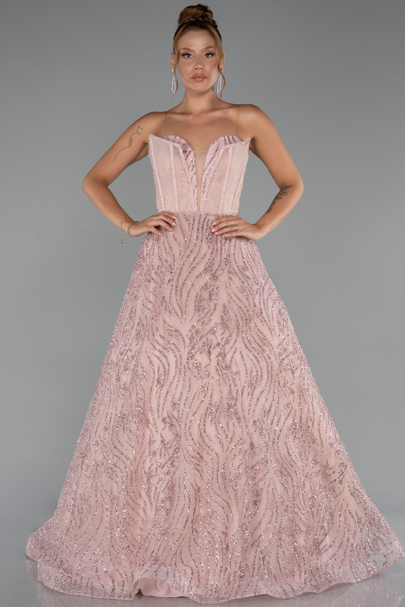 Pudra Straplez Balenli Uzun Simli Nişan Elbisesi ABU5271