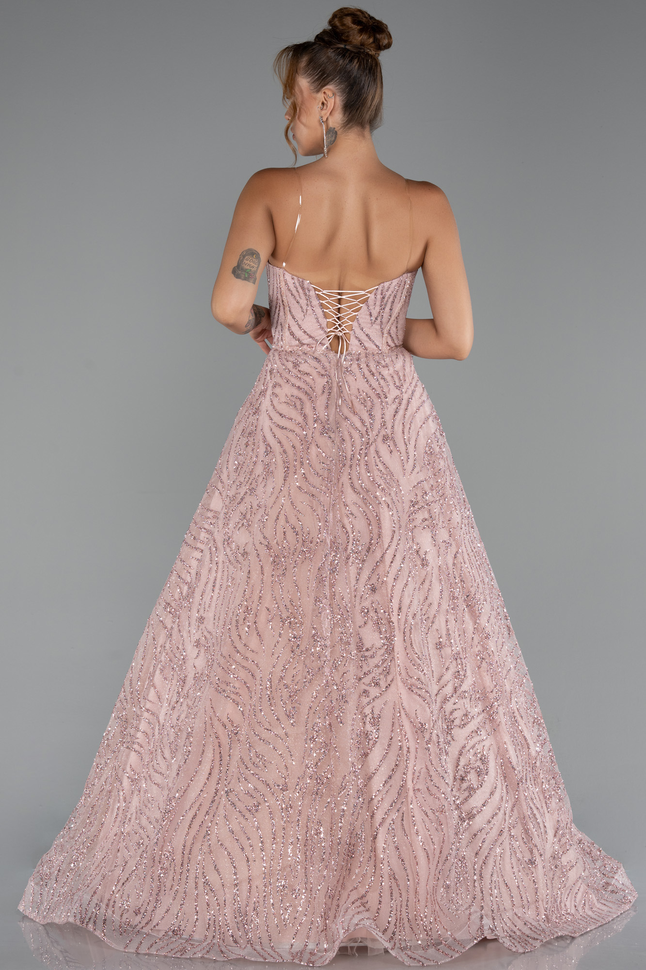 Pudra Straplez Balenli Uzun Simli Nişan Elbisesi ABU5271 - Görsel 2