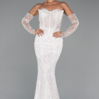 Krem Straplez Eldivenli Boncuklu Uzun Özel Tasarım Abiye ABU5293