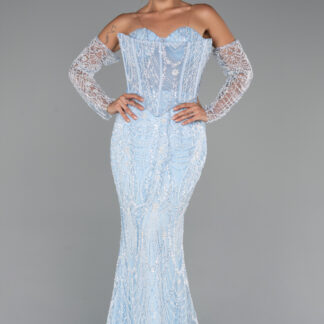 Buz Mavisi Straplez Eldivenli Boncuklu Uzun Özel Tasarım Abiye ABU5293