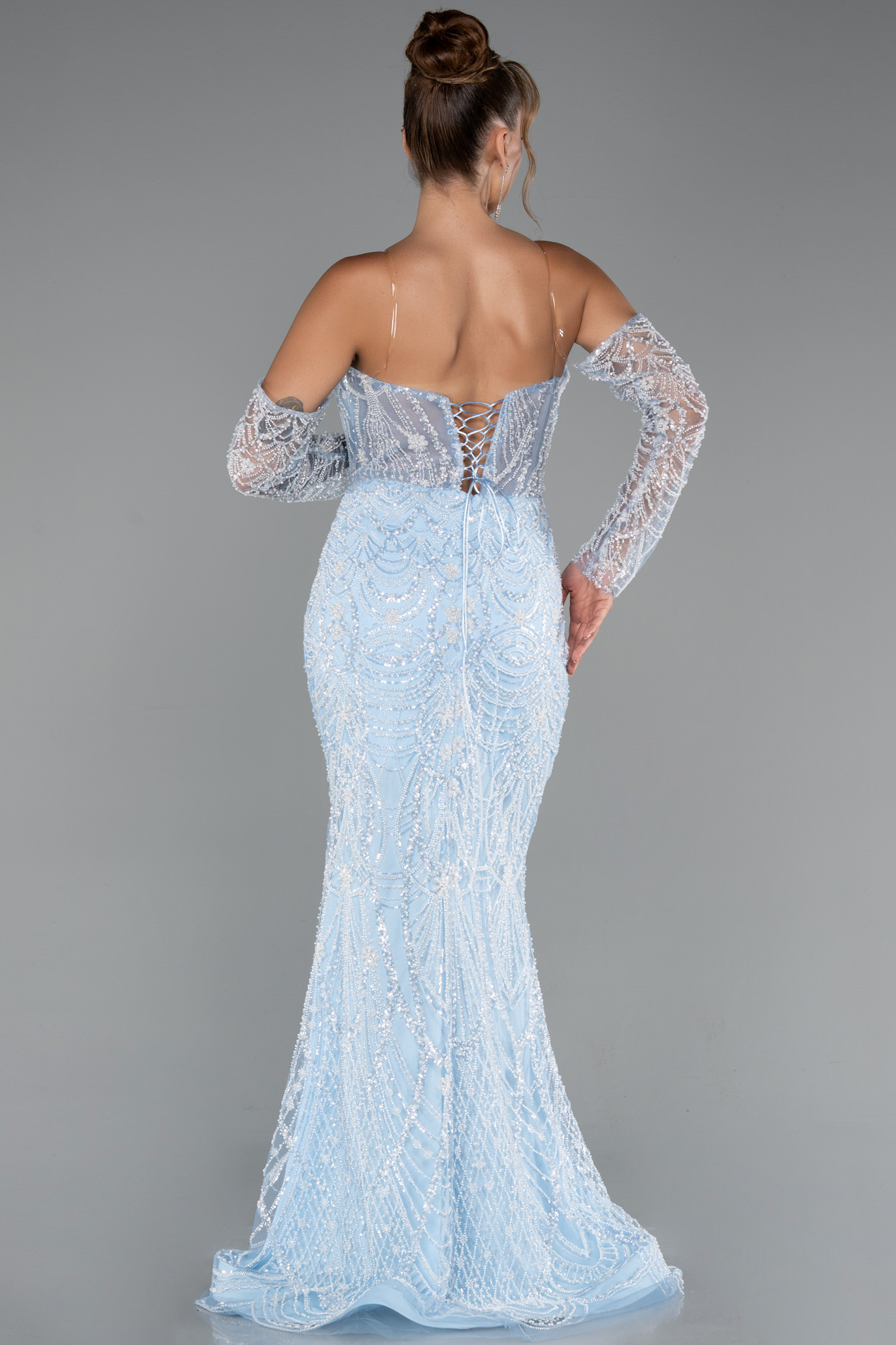 Buz Mavisi Straplez Eldivenli Boncuklu Uzun Özel Tasarım Abiye ABU5293 - Görsel 3