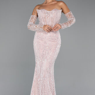 Pudra Straplez Eldivenli Uzun Taşlı Büyük Beden Abiye ABU5294