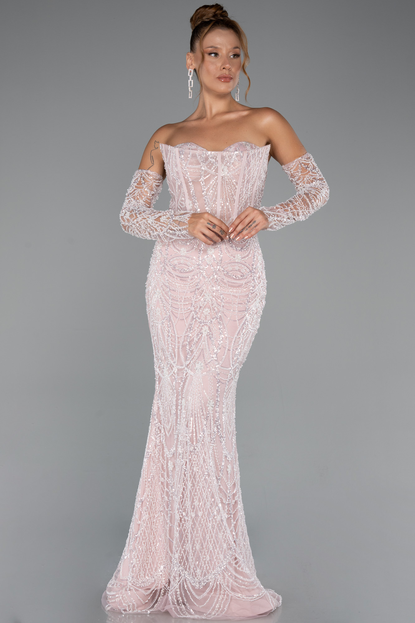 Pudra Straplez Eldivenli Uzun Taşlı Büyük Beden Abiye ABU5294