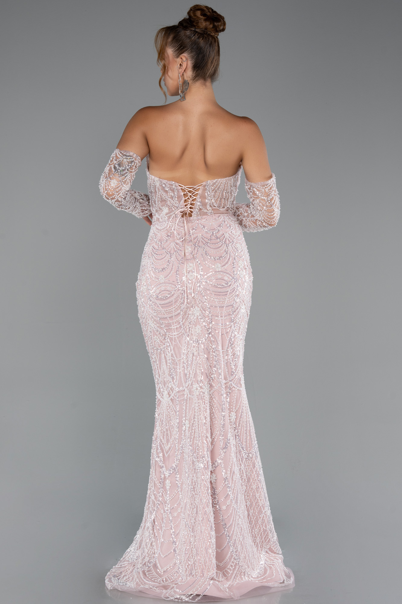 Pudra Straplez Eldivenli Uzun Taşlı Büyük Beden Abiye ABU5294 - Görsel 3