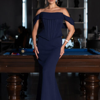 Lacivert Kayık Yaka Peplum Detay Uzun Abiye Elbise ABU5284