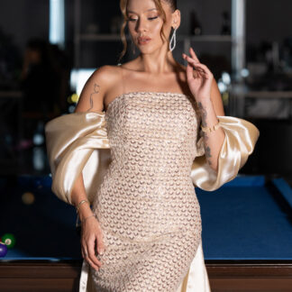 Gold Straplez Kuyruklu Uzun Boncuklu Abiye ABU5169